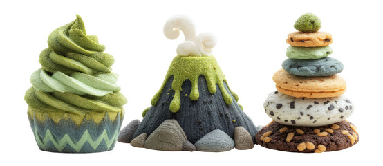 Whimsical Dessert Collection with Green Themes and Playful Shapes on Transparent Background