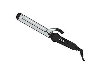 Silver and black curling iron with grip buttons and cord angled on a white background