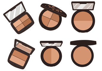 Six cosmetic compacts with bronze and tan shades some open with mirrors