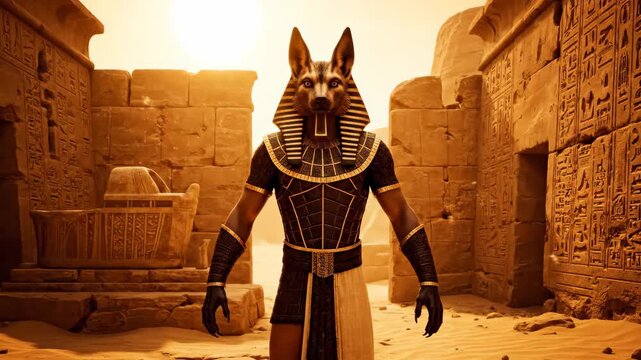 Jackal-Headed Guardian in Desert Shrine - A powerful, jackal-headed guardian figure emerges from golden dust within the ancient ruins of a desert shrine.