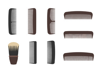 Various combs and a shaving brush are arranged against a white backdrop