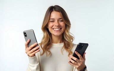 Smiling woman holding two smartphones isolated on transparent background. High quality