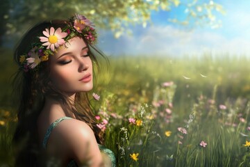 Young woman with floral crown enjoys a sunny day in a vibrant meadow filled with wildflowers