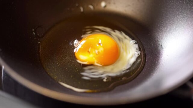 4K close-up video of raw egg cracking and frying in hot pan with sizzling oil, perfect for breakfast, cooking, kitchen, food preparation, and culinary concept footage seekers.