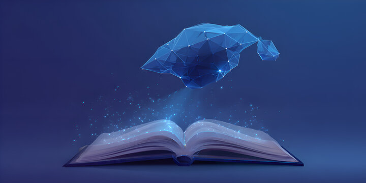 Minimalistic polygonal graduation cap floating above open book in blue space, futuristic education background
- Powered by Adobe