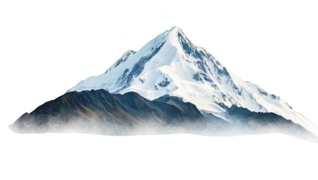 A majestic snow-capped mountain rises above a serene landscape. surrounded by soft clouds. natures beauty and tranquility. perfect for travel and adventure themes