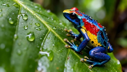 Obraz premium Colorful poison dart frog on dewy leaf