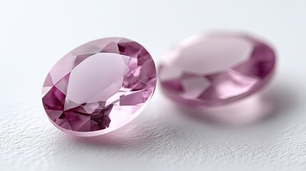 Two Pink Oval Cut Gemstones on White Surface with Facets and Reflections Close Up Detailed Shot Elegant and Simple Design for Jewelry and Decoration