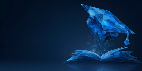 Futuristic polygonal graduation hat rising from open book with particle effects, digital knowledge concept
