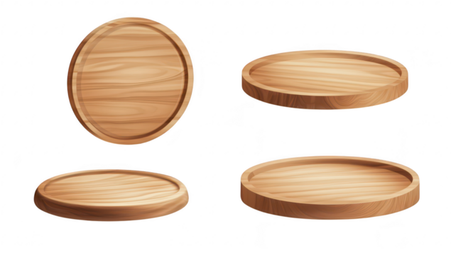 A collection of four wooden serving trays displayed in various orientations. their smooth surfaces and natural wood grain. ideal for food presentation or decorative use