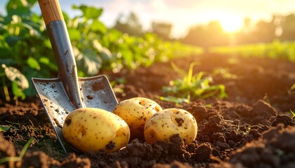 Freshly dug potatoes in field
