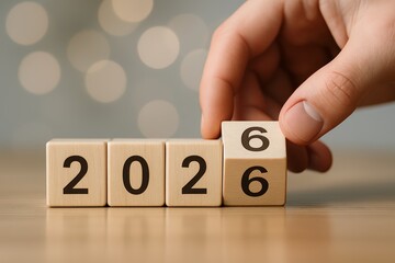 Human hand changing wooden block from 5 to 6 to form number 2026 on wooden table, symbolizing new year transition to 2026 with blurred lights in background. Ai generative