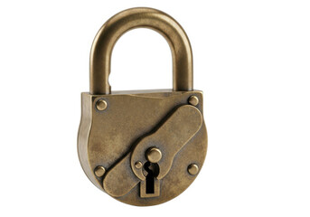 Antique brass padlock security object isolated on transparent background