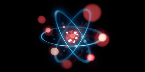 Glowing atom with red particles and blue orbit lines on black background, scientific 3D visualization
