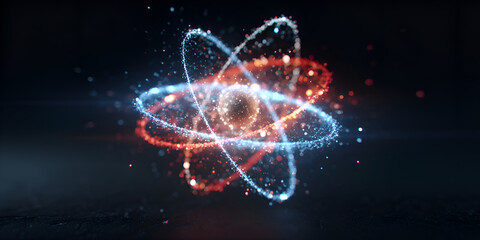 Futuristic glowing atom model with red and blue particles on dark background, digital science and energy visualization
