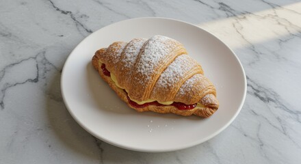 A croissant filled with cream and jam dusted with sugar on a white plate on marble table