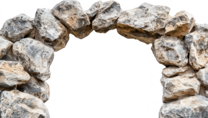 A rustic stone archway made of unevenly shaped rocks. set against a bright white background. symbolizing strength and endurance. ideal for architectural or nature-themed projects
