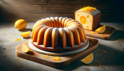 Golden bundt cake and citrus loaf sit on wooden boards with fresh lemon slices and zest adding vibrant detail creating a warm delicious scene of homemade dessert perfection