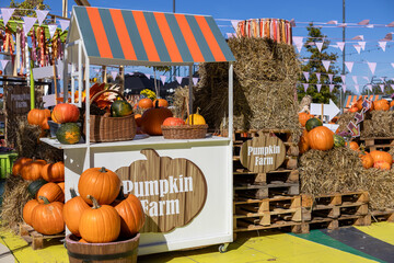 Outdoor Pumpkin Farm market stand showcases vibrant autumn harvest gourds, hay bales, festive decorations, and fresh produce, perfect for seasonal celebrations