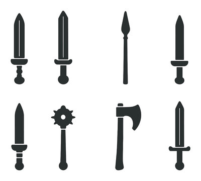Set of eight dark silhouetted medieval weapons on olive green background - Powered by Adobe