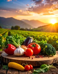 Fresh vegetables on wooden board at sunset