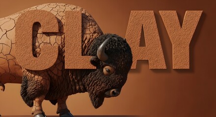 Abstract bison animal figure cracked dry clay texture art wildlife arid conceptual drought brown digital 3D