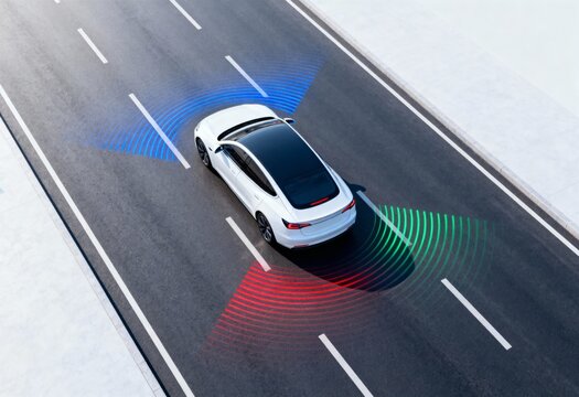 Fototapeta Self-driving electric car using advanced sensors on empty highway in daytime, autonomous navigation and safety technology concept for future transport and smart mobility
