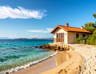 Obraz premium Seaside cottage on a tranquil beach with clear turquoise water and a sunny sky