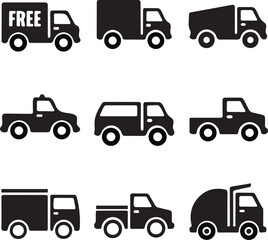Assortment of Black Silhouette Icons of Various Trucks and Delivery Vehicles free delivery truck pickup truck