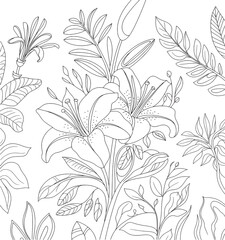 Black and white line art illustration of lilies and leaves vector