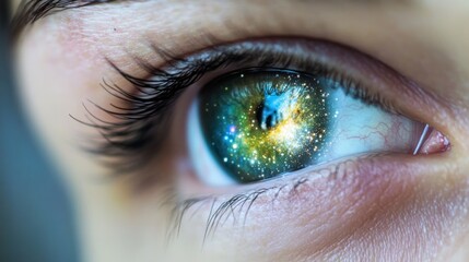 Close-up of a human eye with a vibrant, cosmic reflection
