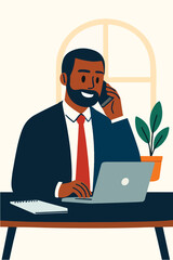 Business character making phone call in office, vector cartoon