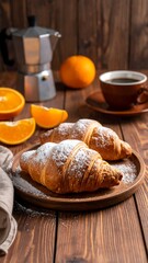 Freshly baked croissants with oranges and coffee