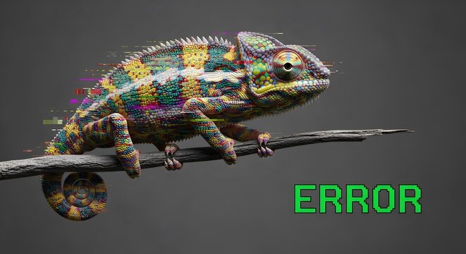 Vivid glitchy chameleon on branch showing digital error concept pixelated colorful reptile data tech breakdown