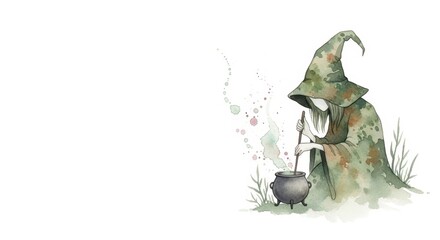 Obraz premium Mysterious witch brewing cauldron potion for halloween magic