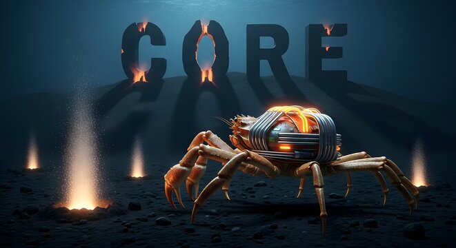 Deep ocean mechanical crab robot glowing core cybernetic AI technology deepsea alien industrial lava