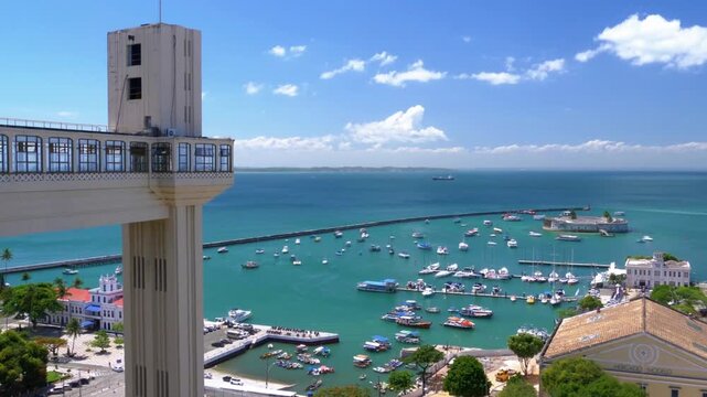 Aerial view of the lacerda elevator overlooking all saints bay in salvador, brazil