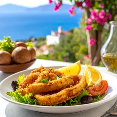 Fried squid with lemon and olives