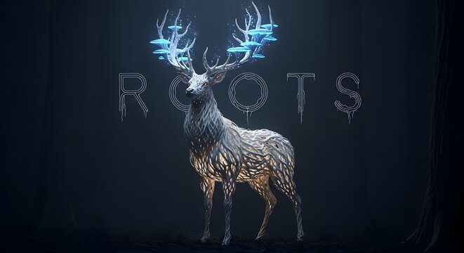 Mystical deer creature with glowing blue mushrooms and illuminated branch body Fantasy Stag Roots Magic Digital Art Surreal