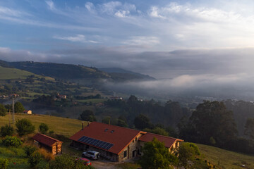 Obraz premium Amazing sunrise and clouds taken with drone in the mountains in Cantabria, around Santander, Spain