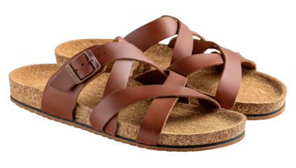 Brown crisscross strap cork sandals isolated on transparent background