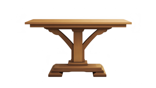 A beautifully crafted wooden table with a sturdy base and elegant design. set against a plain white background. ideal for interior design projects or furniture catalogs