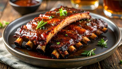 Delicious BBQ ribs on a dark plate