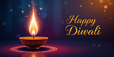 Happy Diwali Festive Lamp Diya Illustration with Glowing Flame Light and Radiant Background