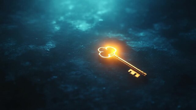Mysterious Glowing Golden Key Floating in a Dark Abstract Environment.