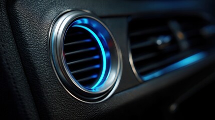 Fototapeta premium Round dashboard air vent grille interior with blue light in modern car. Innovative vehicle air conditioning system for comfort.