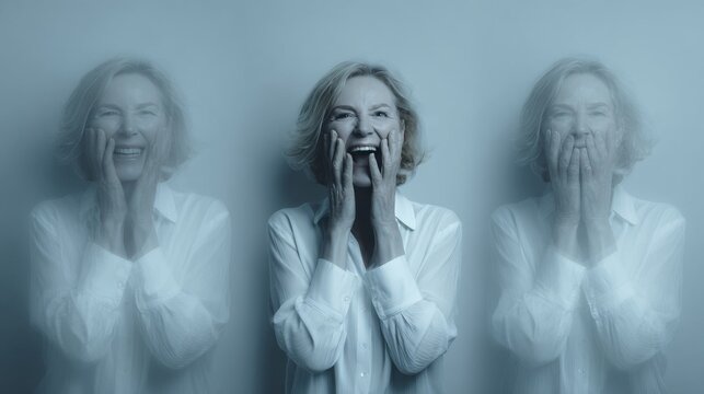 Conceptual portrait of woman experiencing bipolar disorder shown through emotional triple exposure - Powered by Adobe