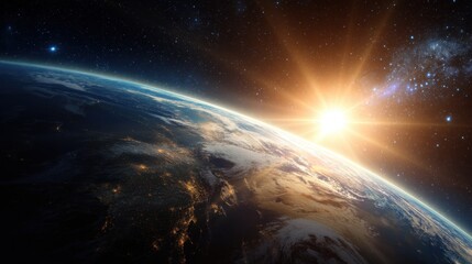 Obraz premium Sunrise over earth horizon with city lights at night. View from space. Global network and world communication concept.