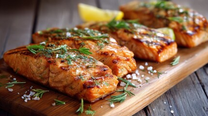 Grilled salmon fillet with herb and lemon on wooden board. Delicious healthy seafood dish for dinner or lunch.