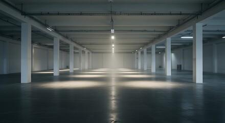 Empty warehouse illuminated by overhead lights creates a sense of vastness and industrial space, suggesting potential for storage or manufacturing, evoking a feeling of emptiness.